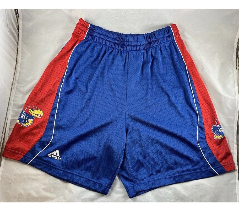 Adidas KU Kansas Jayhawks Basketball Shorts Mascot Logos Size Large Blue Red